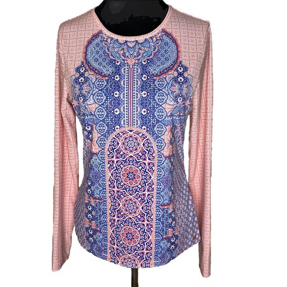 Cabana Life Long Sleeve Rash Guard Swim Top Pink Blue Geometric UPF 50+ Size M - Picture 1 of 8